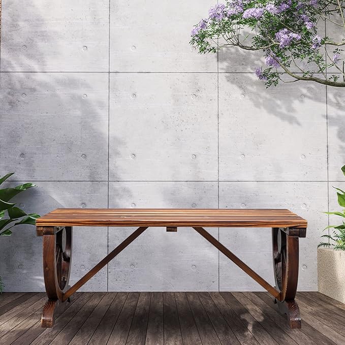 VINGLI Rustic Wooden Wheel Bench Outdoor Bench, Patio Bench Wagon Slatted Seat - Image 7