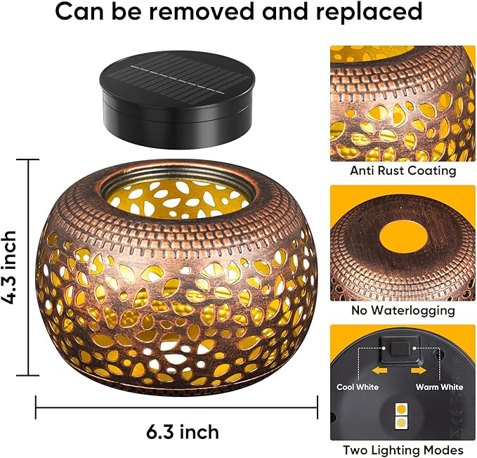Solar Lanterns Outdoor Waterproof Decor: 2 Pack Red Copper Hollow Out Retro - Image 2