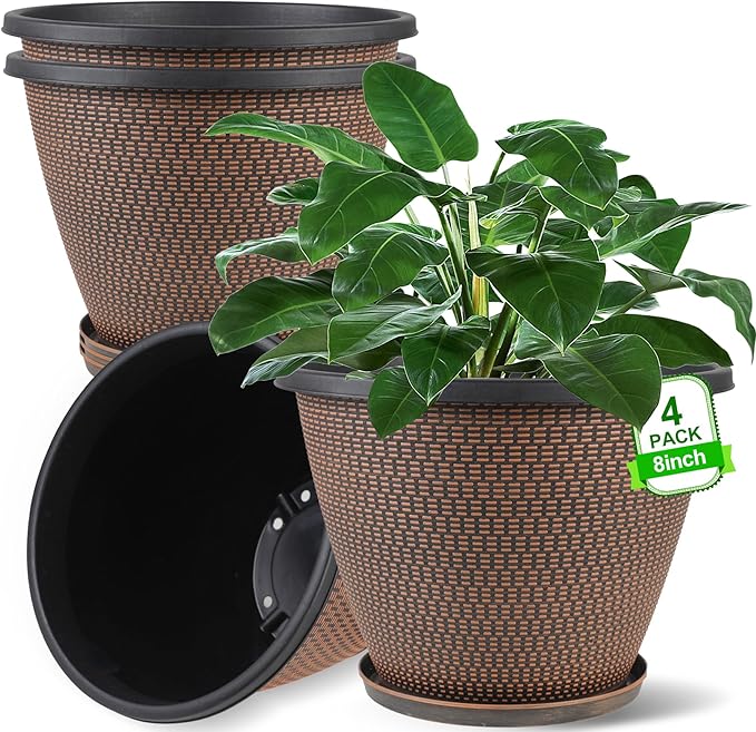 4 Pack 8 inch Plant Pot, Plastic Pots by Svxtoby
