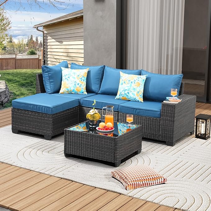 5 Pieces Patio Furniture Set All-Weather Outdoor Wicker Sectional Conversation by JOYURE