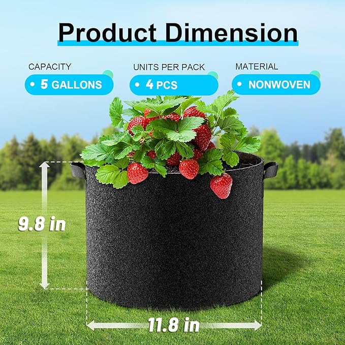 Land Guard 4-Pack Fabric Grow Bags 5 Gallon, Thickened Nonwoven Garden Pots - Image 2