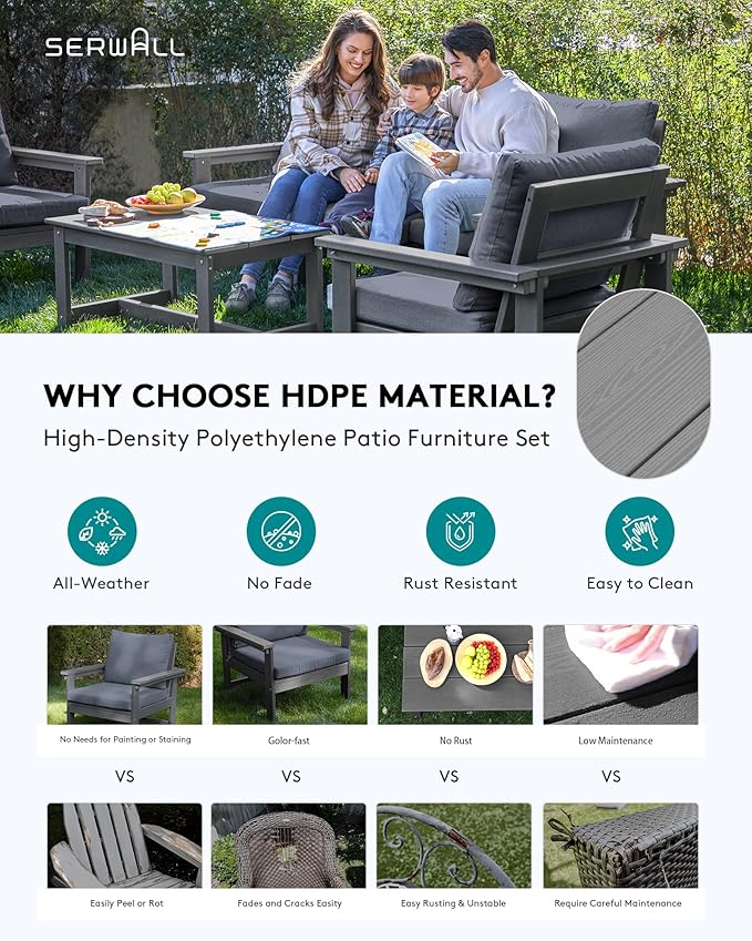 SERWALL HDPE Patio Conversation Set, 6-piece Sectional Outdoor Furniture Set - Image 3