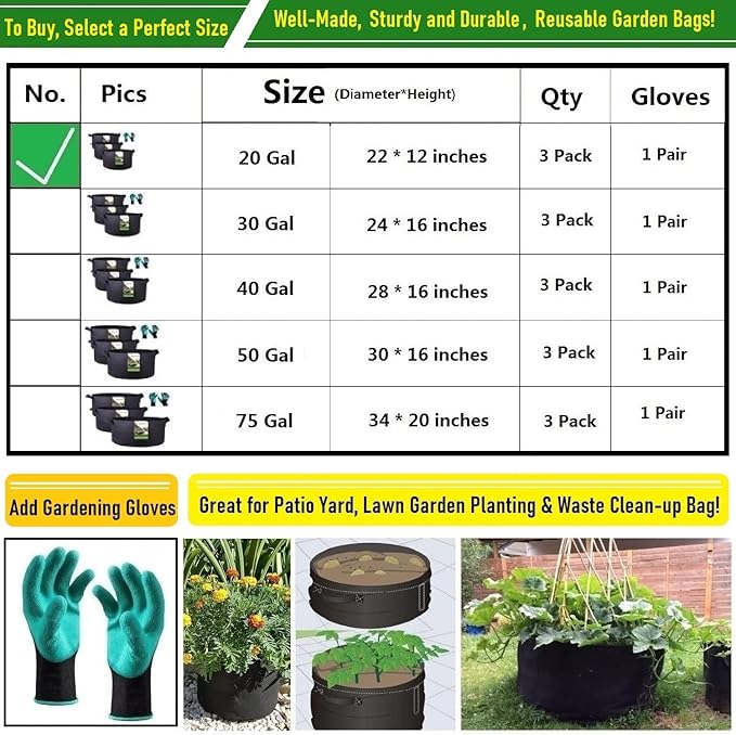 3-Pack 20 Gallon Thickened Plant Grow Bags Large Heavy Duty Fabric Plant Pots - Image 9