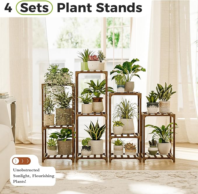 Bamworld Plant Stands Indoor 4 Sets Plant Shelves Outdoor Wooden Plant Holder - Image 3