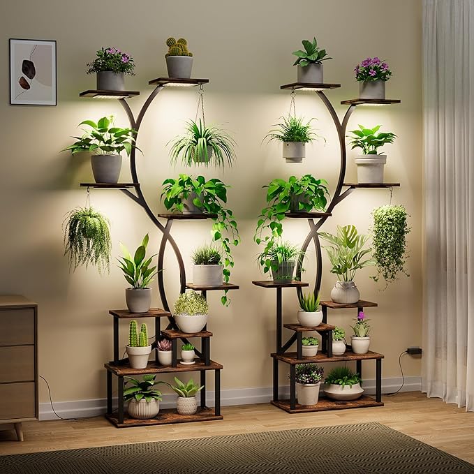 Plant Stand Indoor with Grow Lights 9 Tiered Wood Plant Shelf 62" Tall Plant by Elaruslux