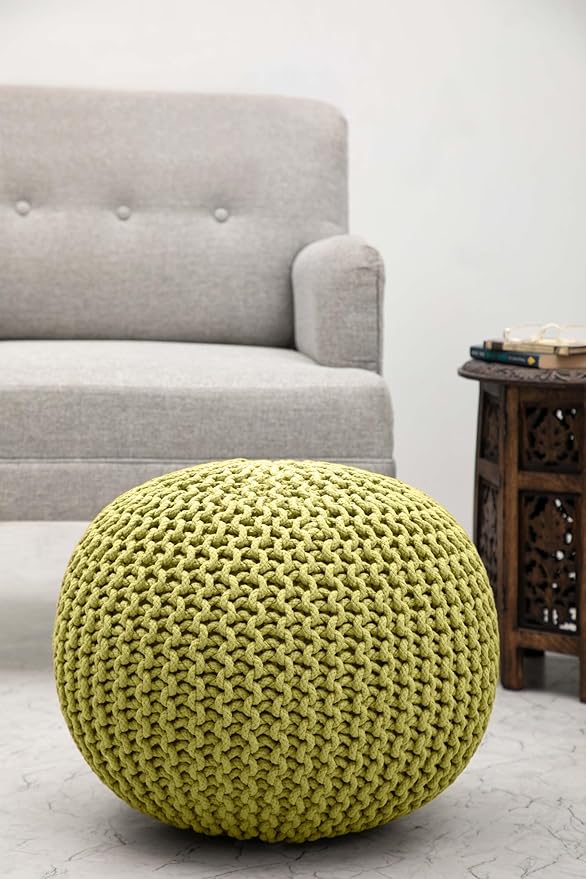 COTTON CRAFT - Hand Knitted Cable Style Dori Pouf - Green - Floor Ottoman - - Image 7