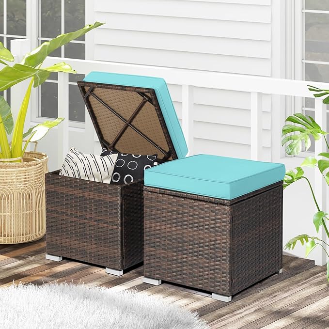 RELAX4LIFE Wicker Outdoor Storage Ottoman, 2-Piece Rattan Footstool w/Removable - Image 9