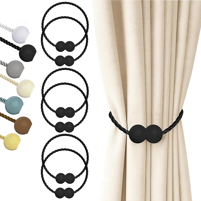 Hion Magnetic Curtain Tiebacks Black 6 Pack, Curtain Tiebacks Buckles Holdbacks by Hion