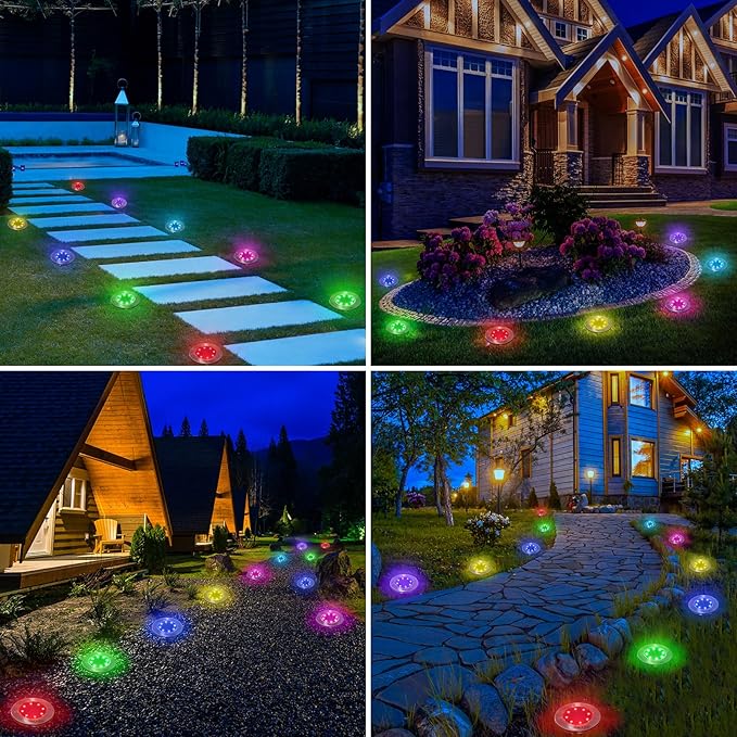 LYHOPE Solar Ground Light Outdoor, 16 Pack 8 LED Color Changing Solar Disk - Image 3