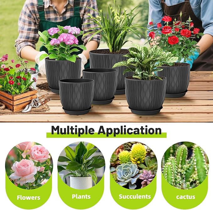Plastic Plant Pots 10/9/8/7.5/7 inch Set of 5, Flower Planters - Image 5
