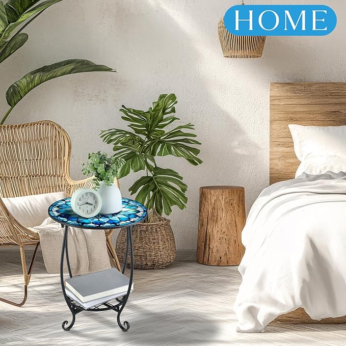 Outdoor Side Table Round Small Mosaic Patio Accent Indoor End Plant Coffee Tea - Image 2