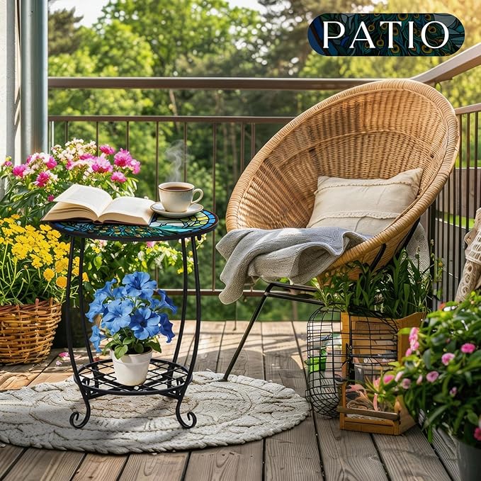 Outdoor Side Table Round Small Mosaic Patio Accent Indoor End Plant Coffee Tea - Image 2