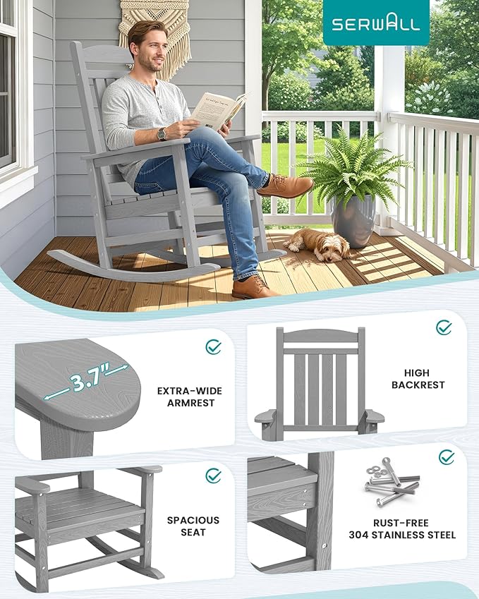 SERWALL HDPE Outdoor Rocking Chair Set of 4, Oversized Patio Rocking Chairs - Image 7