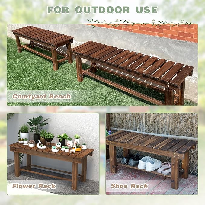 Outdoor Garden Bench, 3-Person Wood Patio Bench Weatherproof Outdoor Backless - Image 6