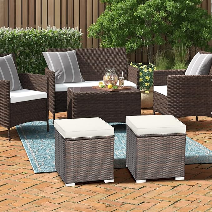 RELAX4LIFE Wicker Outdoor Storage Ottoman, 2-Piece Rattan Footstool w/Removable - Image 8