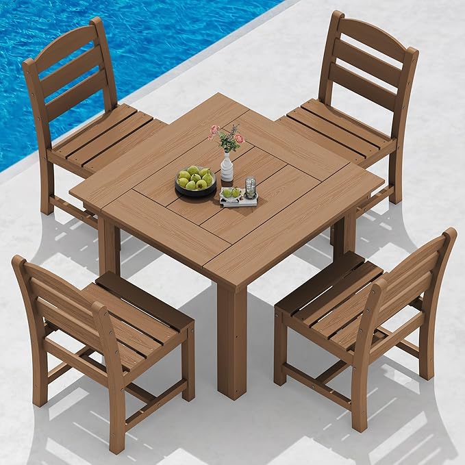 SERWALL Outdoor Dining Set for 4, HDPE Square Table and Chairs Set All Weather by SERWALL
