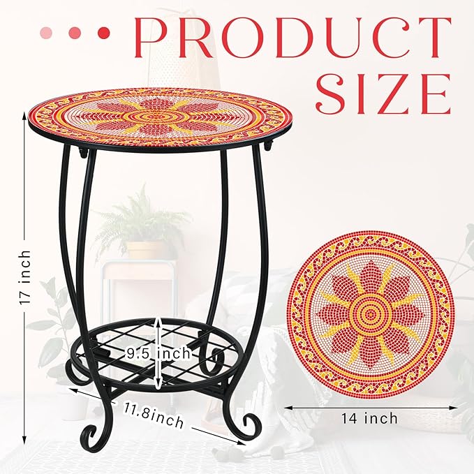 Outdoor Side Table Round Small Mosaic Patio Accent Indoor End Plant Coffee Tea - Image 3