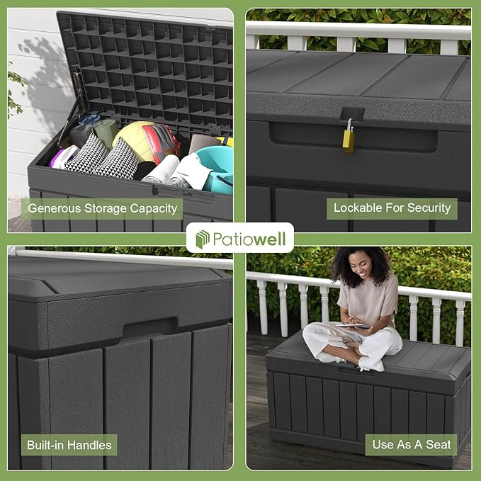 Patiowell 82 Gallon Resin Deck Box, Waterproof Large Wood Look Storage Box - Image 4