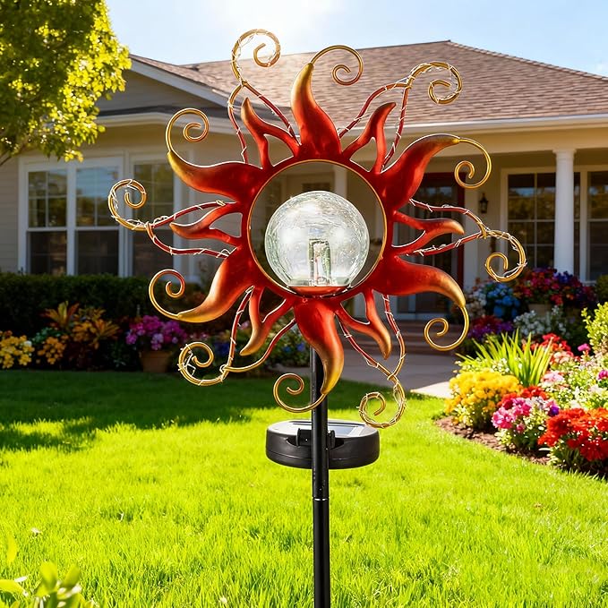 Solar Lights Outdoor Waterproof Red Sun Metal Crackle Glass Stake Decorative - Image 7