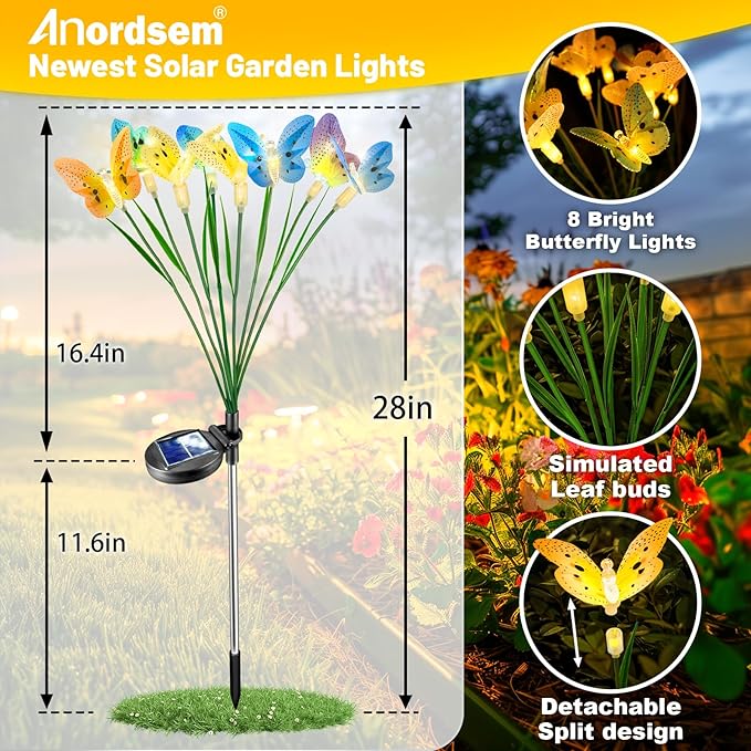 Anordsem Solar Garden Lights Outdoor: 8 Removable Optical Fiber Butterflies 2 - Image 2