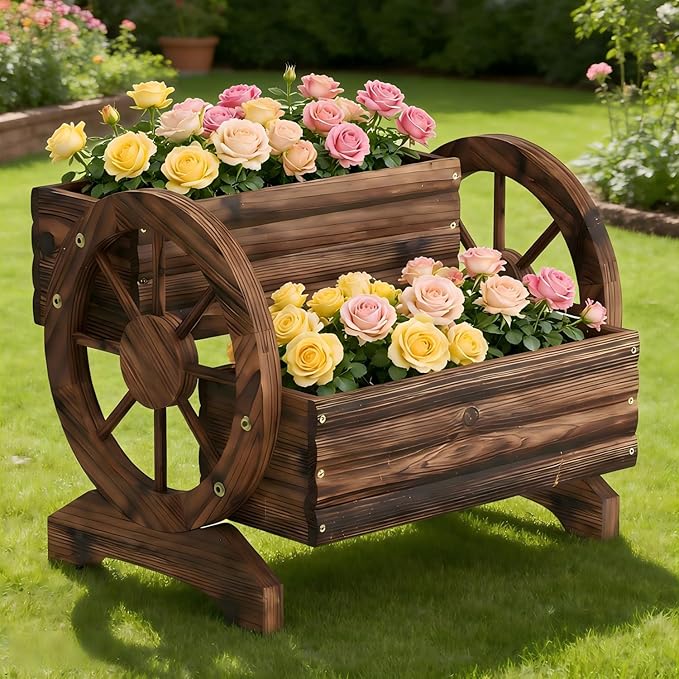 Wooden Wagon Planter Wooden Flower Cart - Image 2
