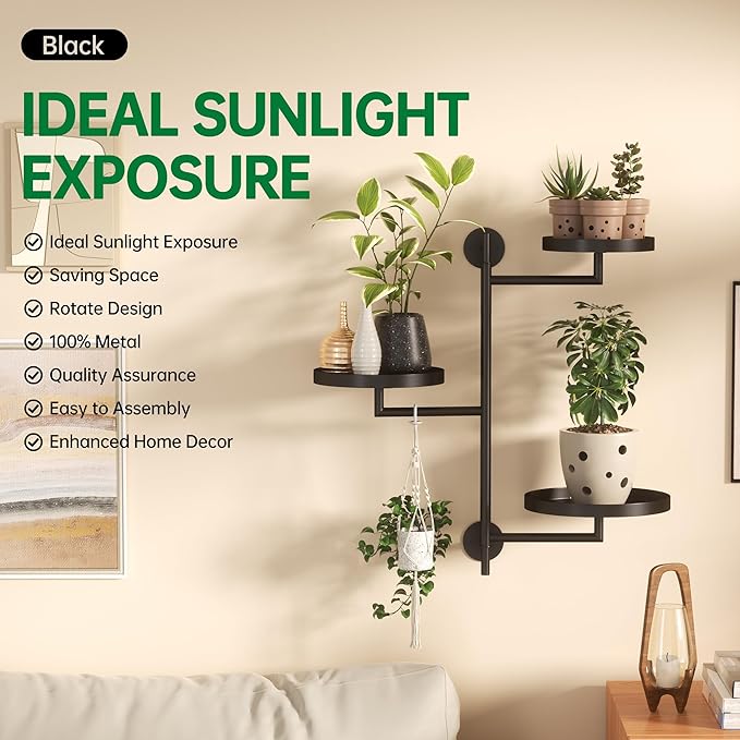 Rotating Window Wall Plant Shelves Stand Holder, 3 Tiered Metal Floating Plant - Image 6