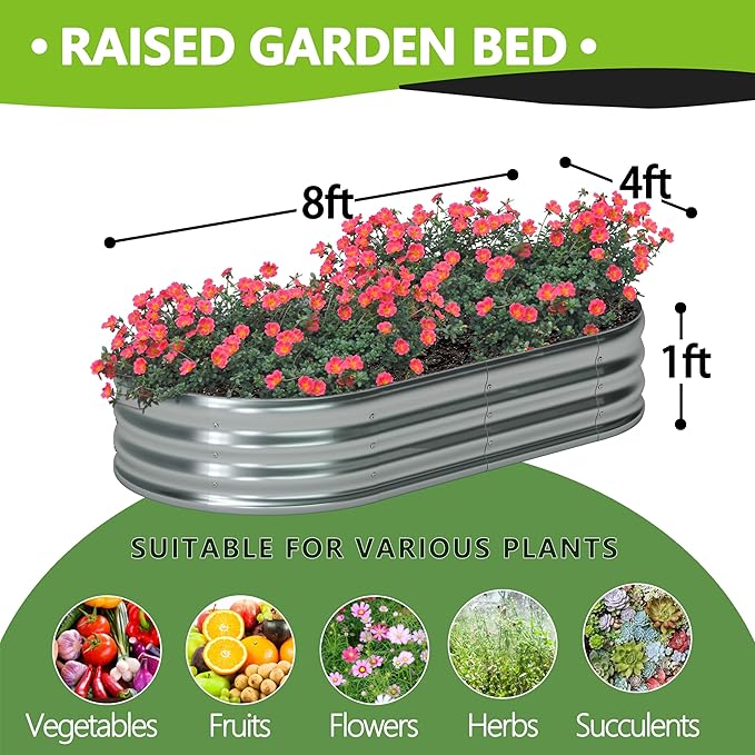 8x4x1ft Galvanized Oval Raised Garden Bed, Outdoor Planter Box Metal Patio Kit - Image 2