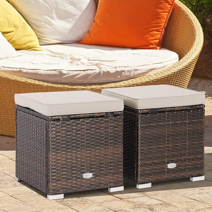 Tangkula 2 Pieces Patio Ottomans, Patiojoy Hand-Woven PE Rattan Side Table - Image 2