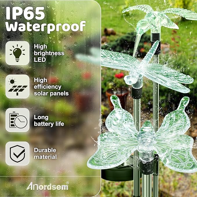 Anordsem Solar Garden Lights Outdoor: 3 Waterproof PVC Insect Stake Light Heads - Image 4
