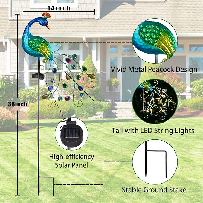 DREAMSOUL Metal Peacock Garden Solar Lights Outdoor Decorative Garden Stake - Image 6