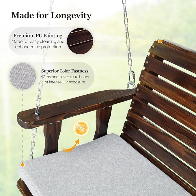 VINGLI Outdoor 4 FT Porch Swing, Heavy Duty 880 LBS Wooden Patio Swings - Image 4
