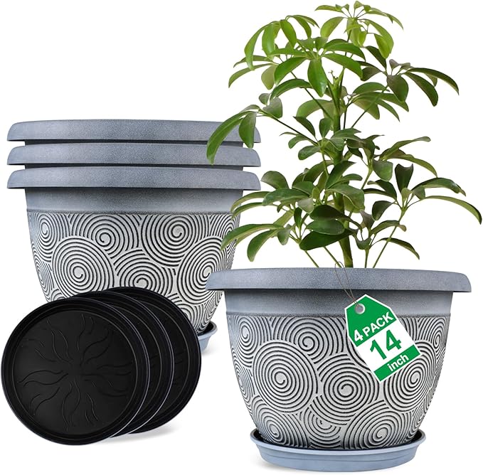 14 Inch Large Planter Pot for Plants Indoor Outdoor, 4 Pack Plastic Flower Pots by Fodetyff