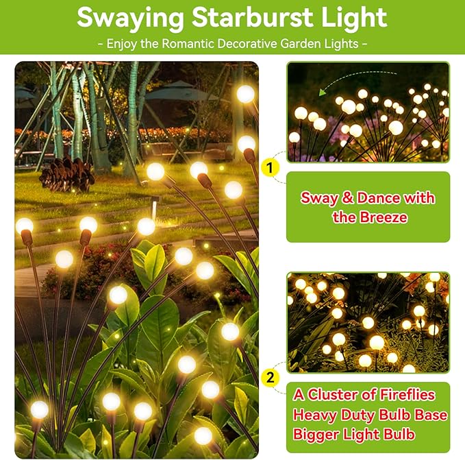 Solar Garden Lights Outdoor Waterproof, 2 Pack 16 LED Swaying Light Firefly - Image 2