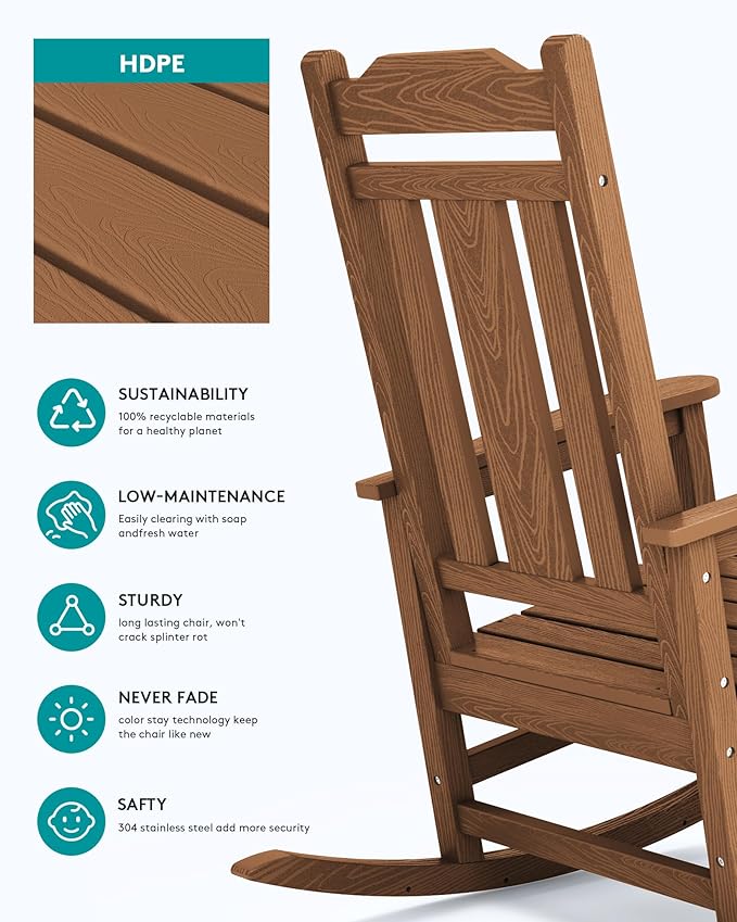 SERWALL Outdoor Rocking Chair Brown Set of 8, All Weather Patio Rocking Chair - Image 4