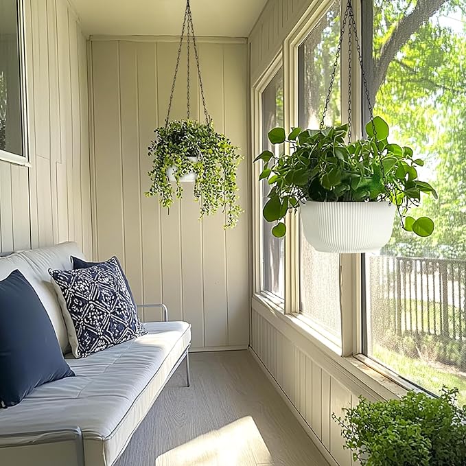 T4U 10 Inch Hanging Planters for Indoor Plants, 2 Pack White Self Watering - Image 7