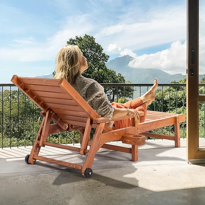 VINGLI Outdoor Chaise Lounge Chair, Wooden Patio Lounger Chair - Image 6