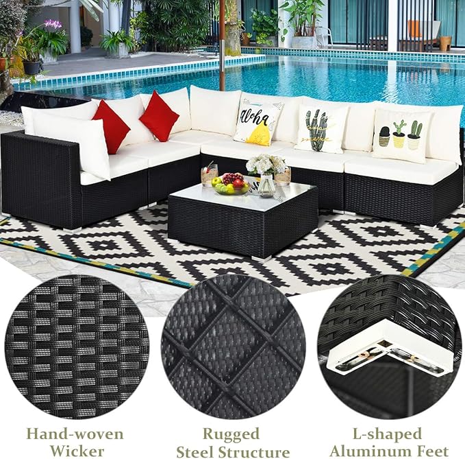 Tangkula 7-Piece Patio Furniture Set, Outdoor Sectional Sofa w/Pillows & - Image 8
