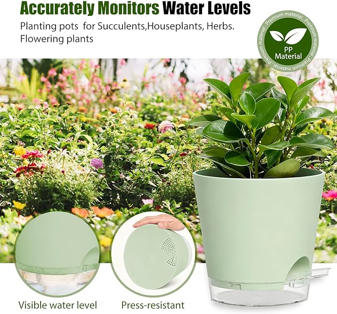 Plant Pots 7 Inch Self Watering Pots, 6 Pack Plastic Planters - Image 7