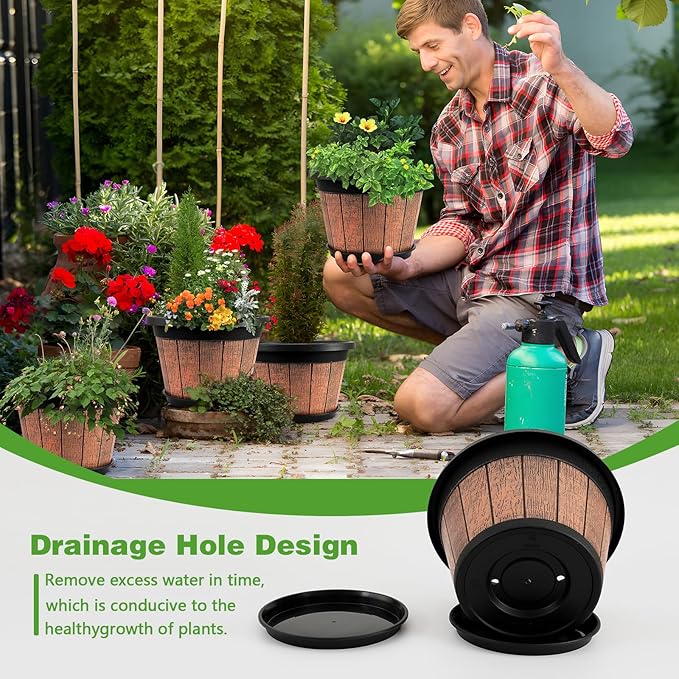 Quarut 4 Pack 10 inch Plant Pots, Upgrade Whiskey Barrel Planters - Image 3