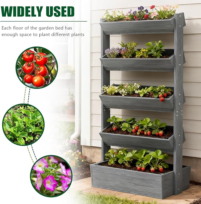 SUNYRISY 5 Tiers Vertical Raised Garden Bed Outdoor Planter Tower, Wooden - Image 5