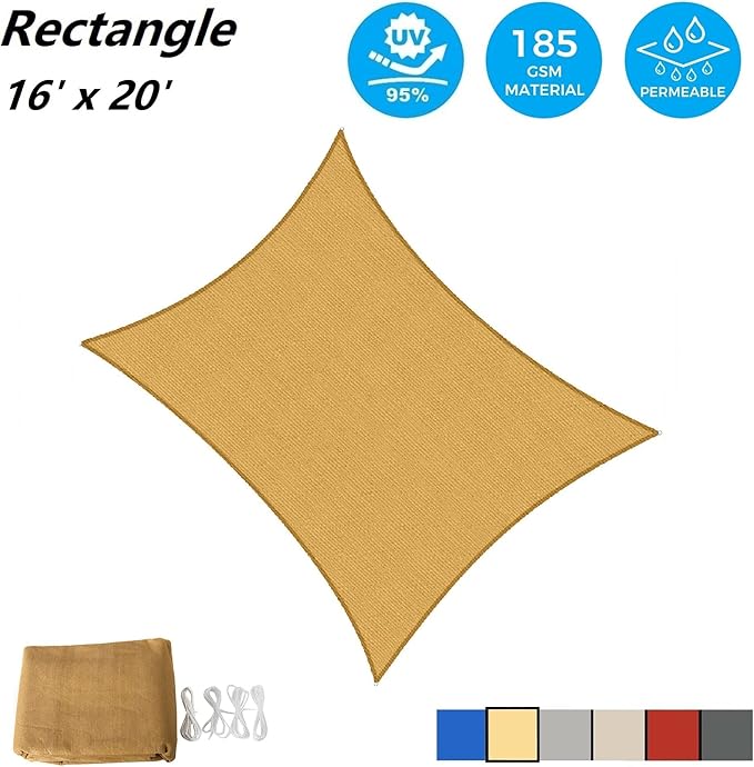 AsterOutdoor Sun Shade Sail Rectangle 16' x 20' UV Block Canopy - Image 2