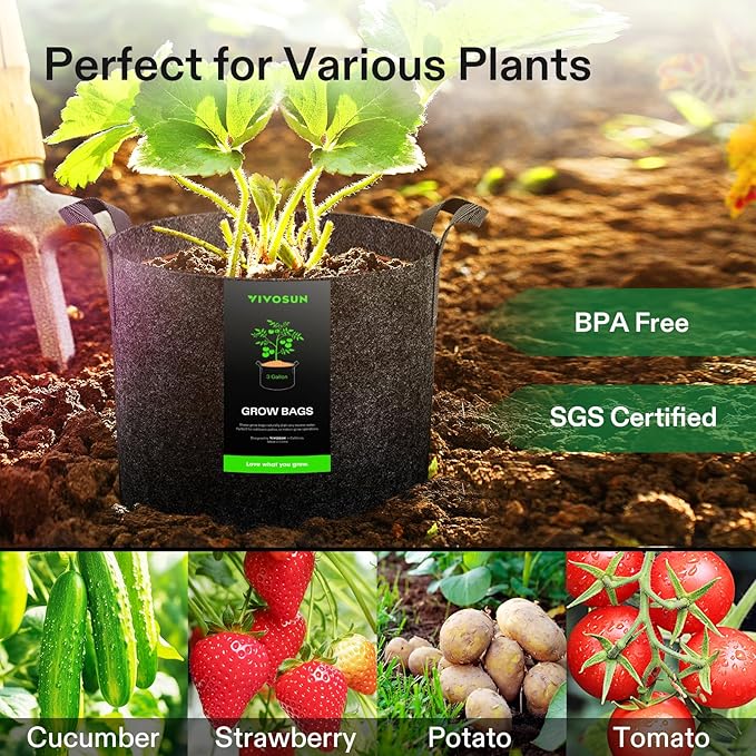 VIVOSUN 5-Pack 3 Gallon Plant Grow Bags Heavy Duty Thickened Nonwoven Fabric - Image 7