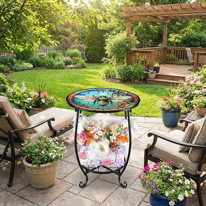 Outdoor Side Table Round Small Mosaic Patio Accent Indoor End Plant Coffee Tea - Image 2