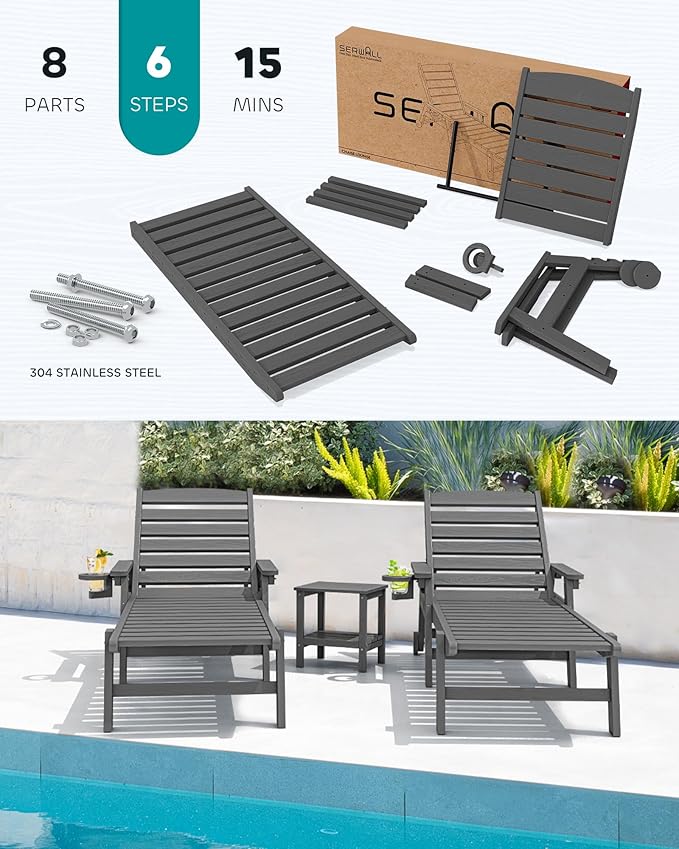 SERWALL Patio Chaise Lounge Chair Set of 4, 5 Positions Adjustable Poly Outdoor - Image 5