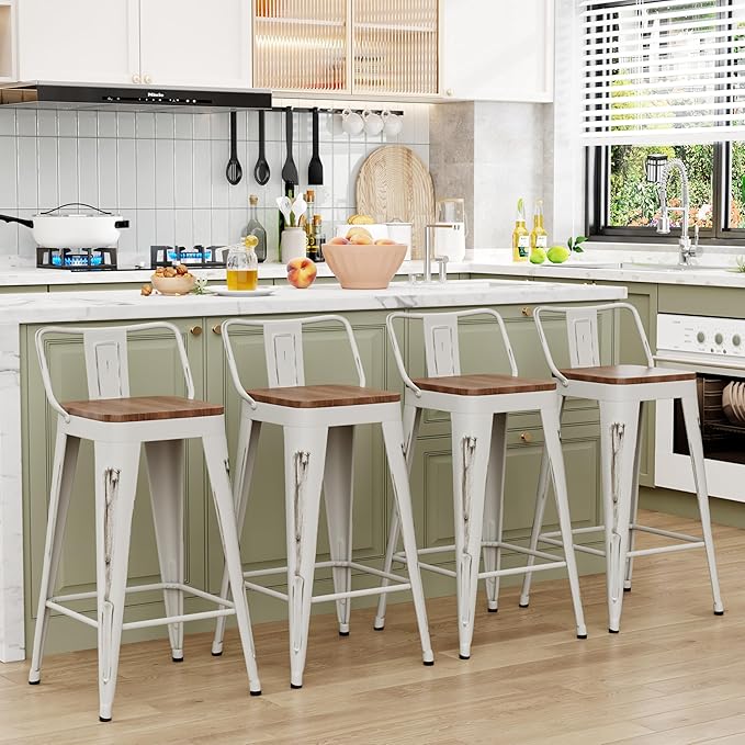 WENTMENT Bar Stools Set of 4, Industrial Style, Metal Frame, Distressed White - Image 4