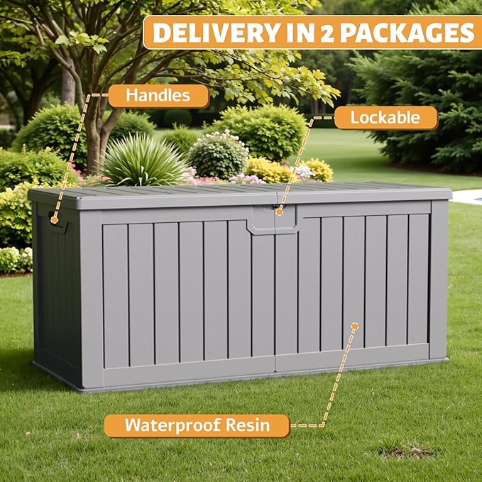 Flamaker Resin Deck Box 250 Gallon, Waterproof Imitation-Wood Lockable Storage - Image 3