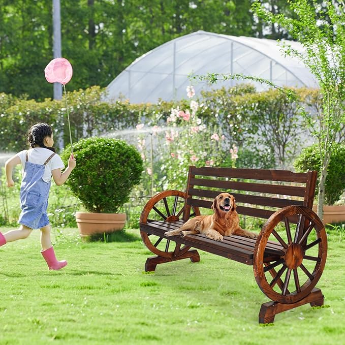 VINGLI Rustic Wooden Wheel Bench Outdoor Bench, Patio Bench Wagon Slatted Seat - Image 8