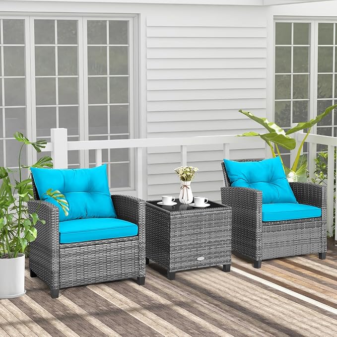 Tangkula 3 Pieces Patio Furniture Set, Outdoor PE Rattan Conversation Chair Set - Image 3