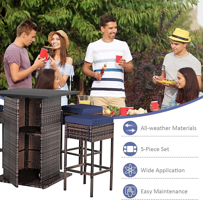 Tangkula 5 Piece Outdoor Rattan Bar Set, Patio Bar Furniture - Image 8
