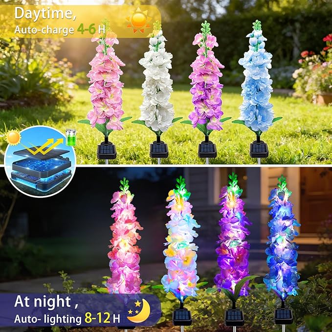 Solar Garden Lights, Solar Delphinium Flowers Lights 4 Pack 80 LEDs, Waterproof - Image 4
